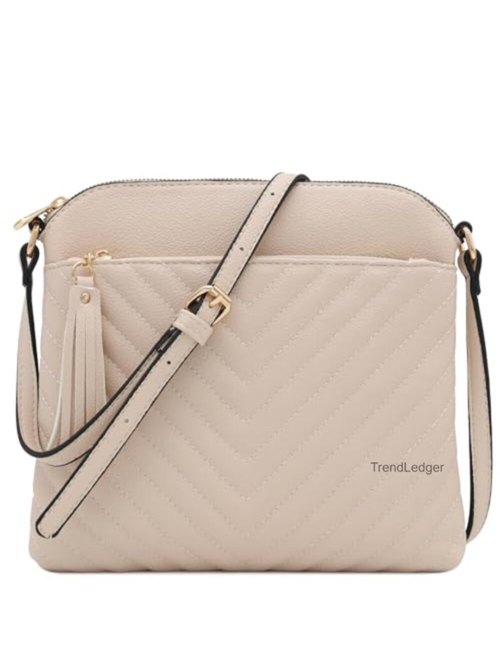 Chevron Quilted Faux Leather Medium Crossbody Bag Tassel Accent Adjustable Strap
